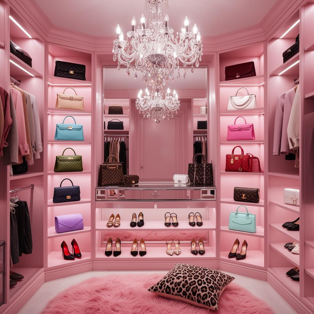 Pink walk-in closet with Chanel, Hermès, YSL & Balenciaga