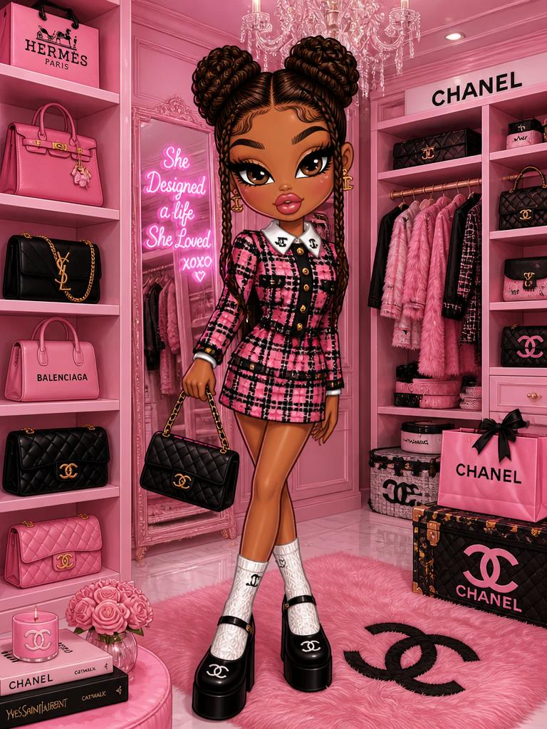 Bratz-style girl with braided buns in pink walk-in closet packed with designer bags